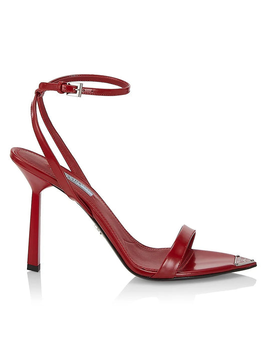 PRADA METALLIC LEATHER HIGH HEEL SANDALS IN SCARLATTO