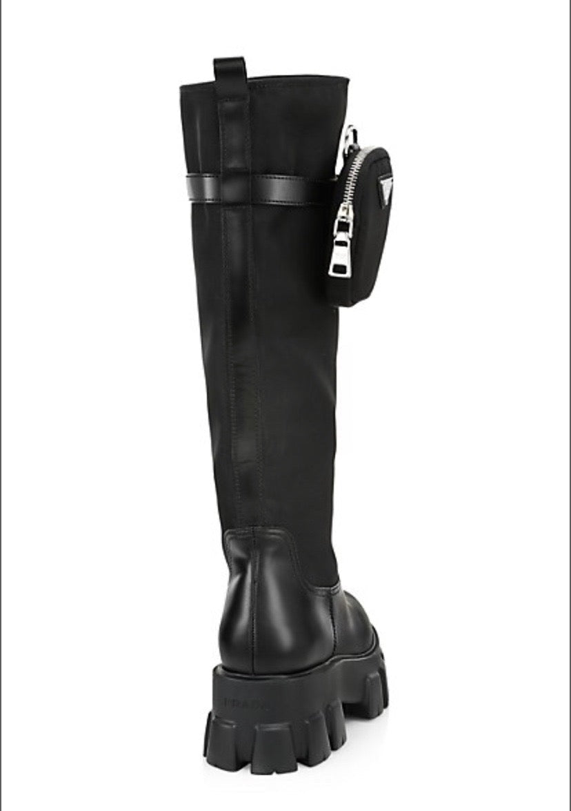 PRADA NYLON ZIP POCKET PLATFORM RIDING BOOTS