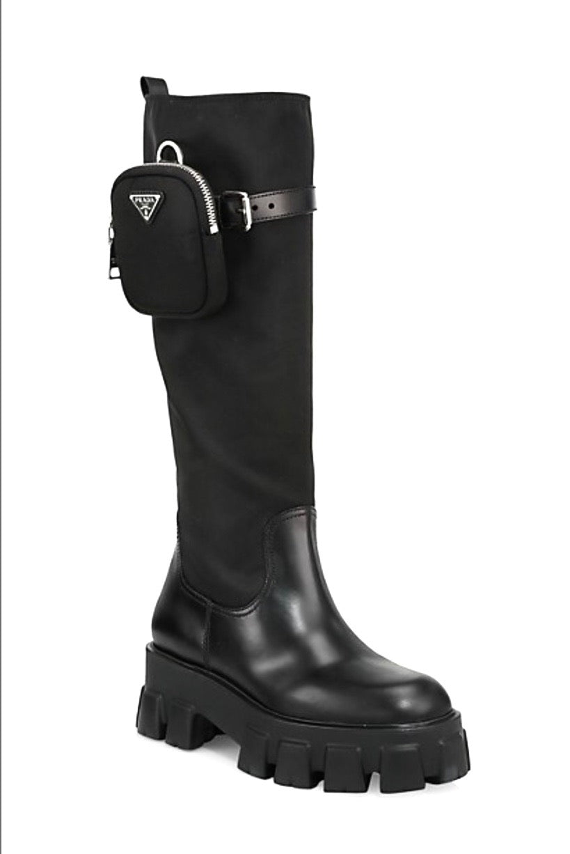 PRADA NYLON ZIP POCKET PLATFORM RIDING BOOTS