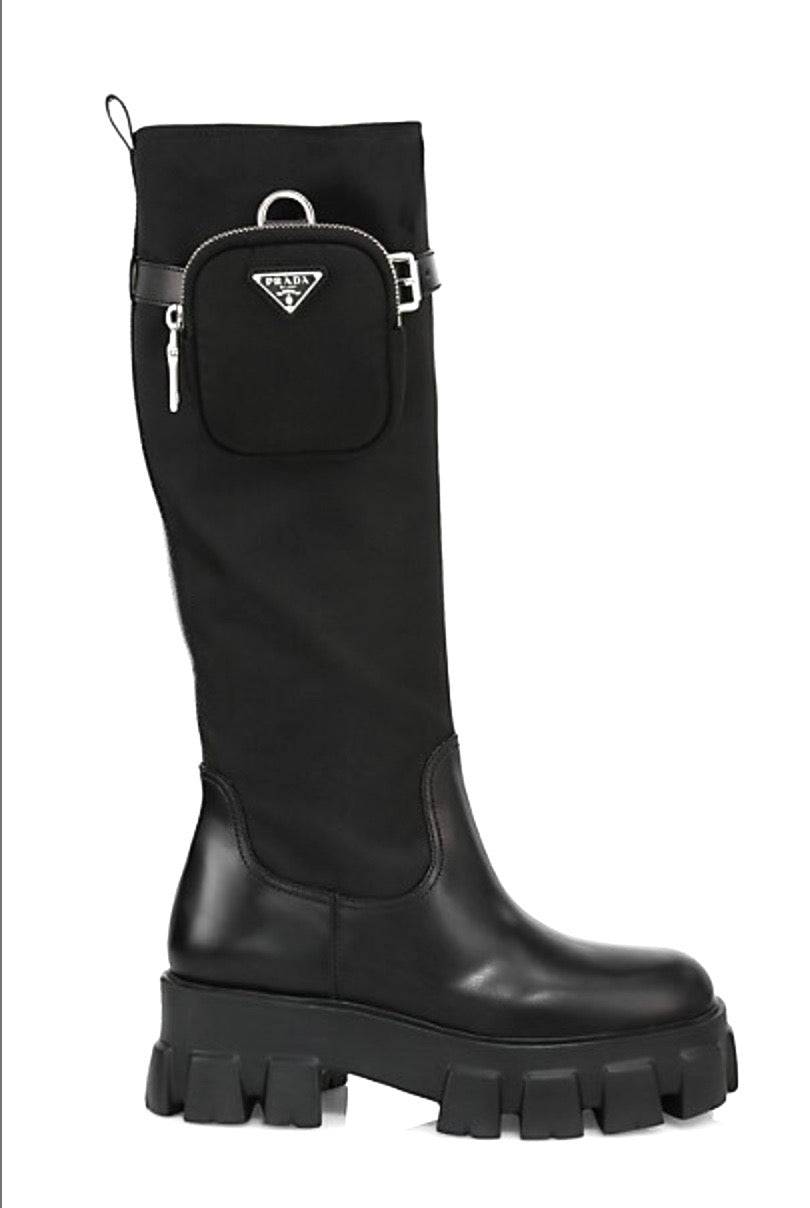 PRADA NYLON ZIP POCKET PLATFORM RIDING BOOTS