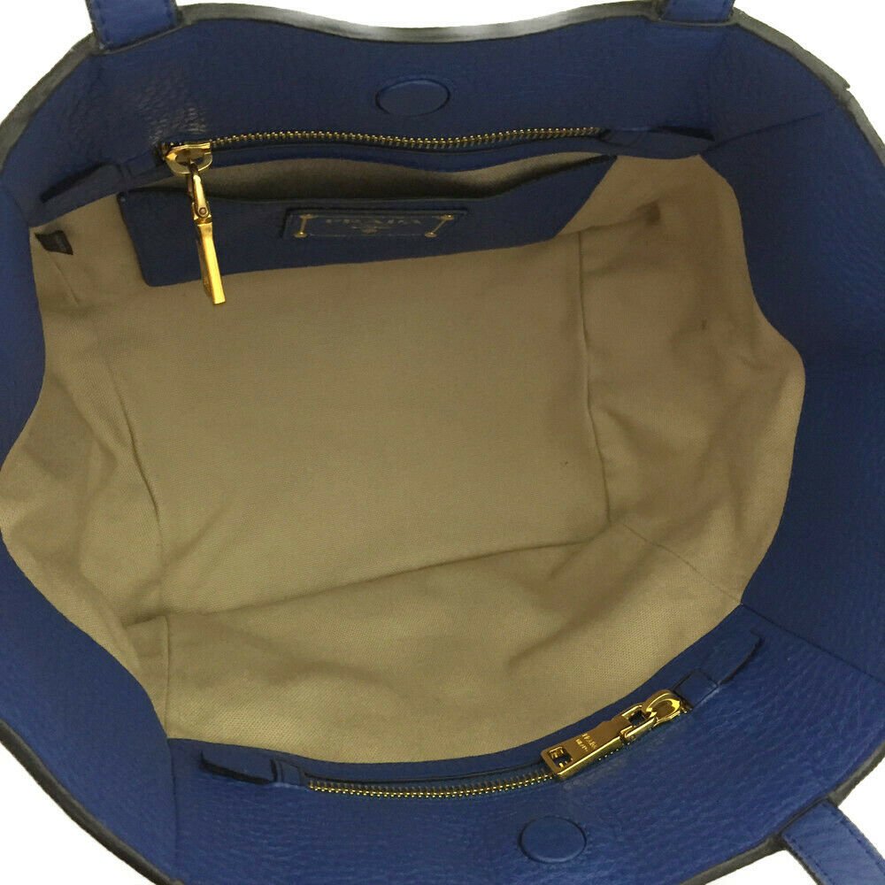 PRADA Logo Plate Blue Leather Tote Bag